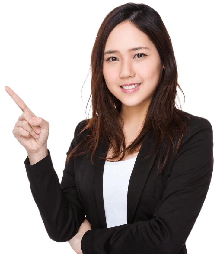 Professional businesswoman pointing to copy space, isolated on transparent background.