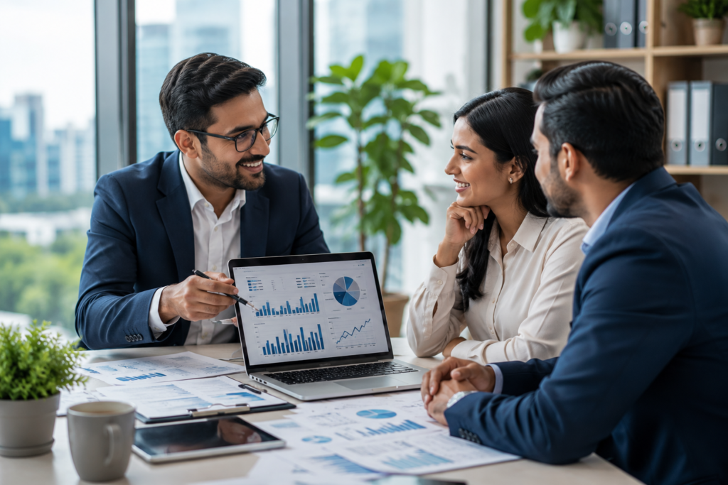 Business team collaborating on strategy and financial discussion in an office environment.