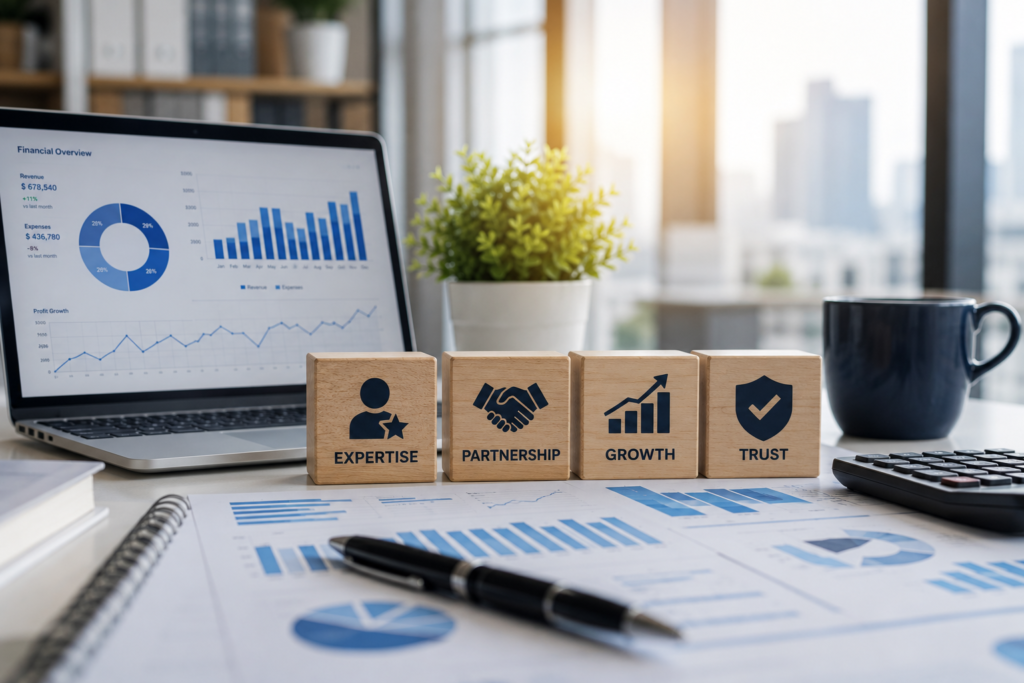 Modern workspace with laptop analytics dashboard, plant, and financial planning setup.
